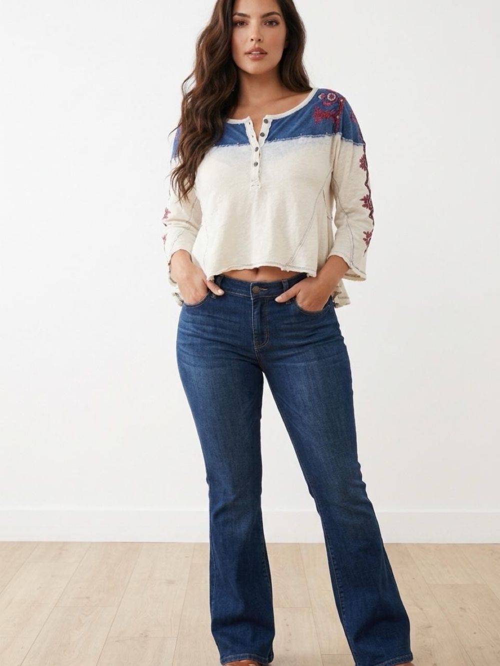 We The Free  cream & blue embroidered blouse so XS